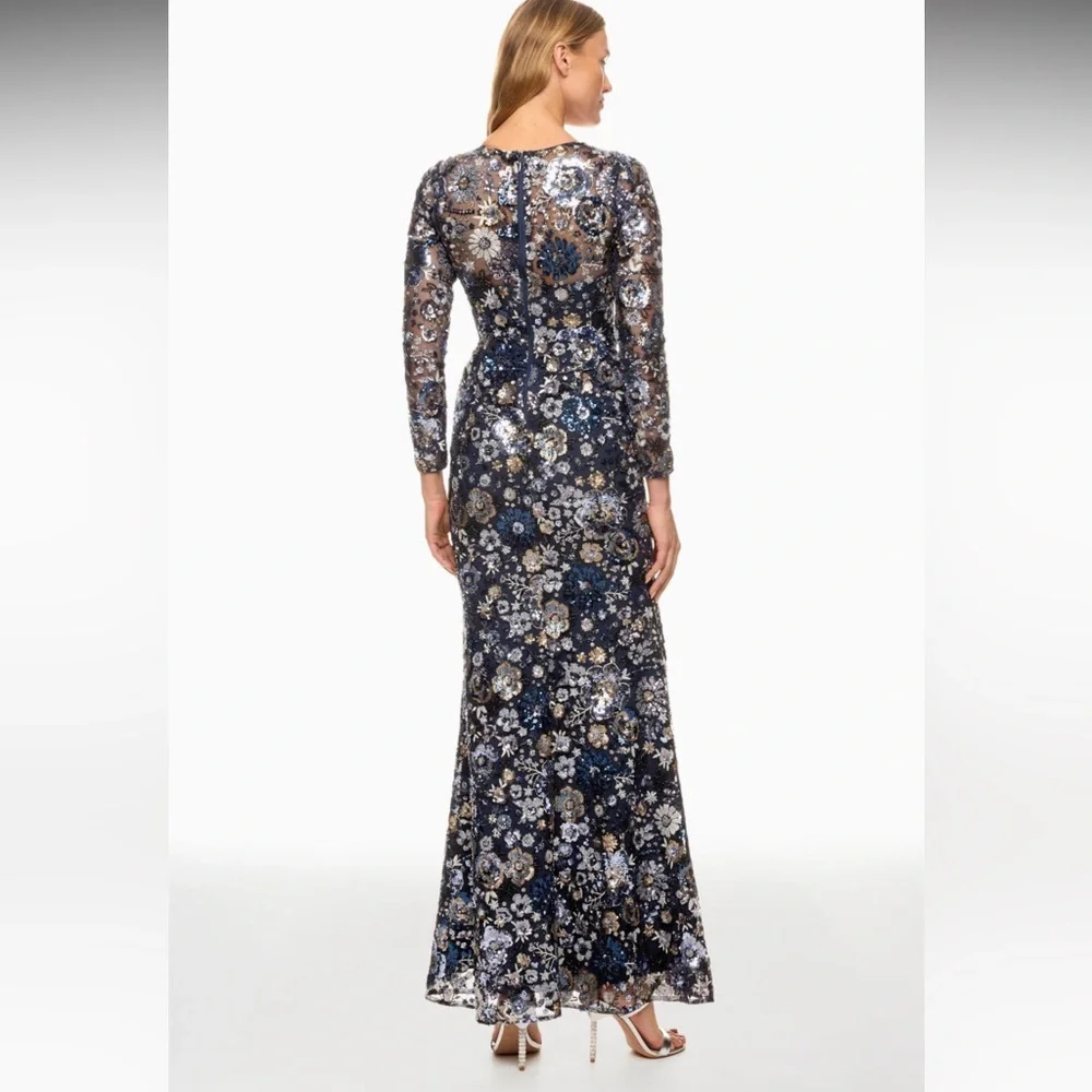 Dress the Population Navy Floral Sequin Long Sleeve Gown - Picture 4 of 11